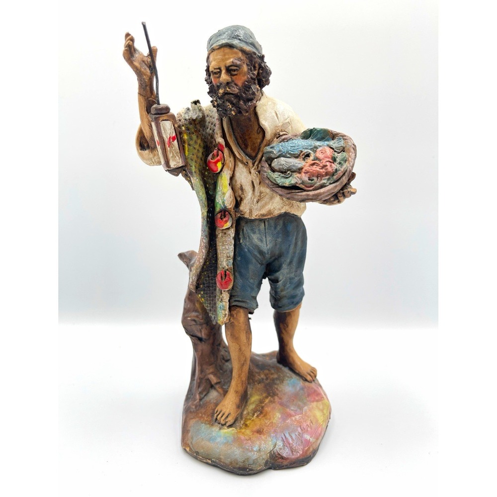 Vintage Italian Terracotta Fisherman Figurine Signed Artist Nativity Presepe